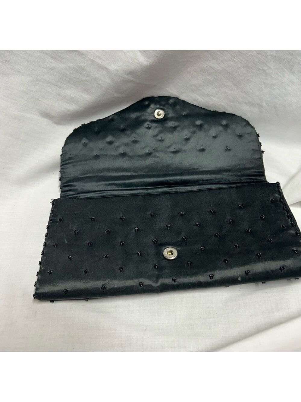 Nice Vintage Art Deco Clutch Black Beaded Sequin Satin Made In Hong Kong - Picture 5 of 9